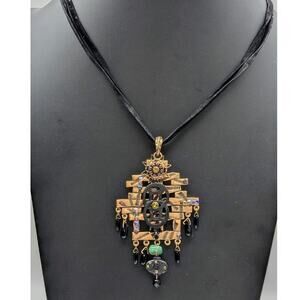 Chico's Antiqued Gold Rhinestone Dangle Double Leather Corded 30" Necklace